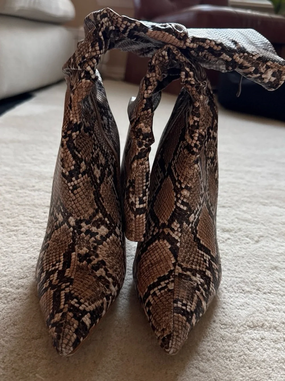 Women's Over-the-Knee Pointed Toe Snake-Print Boots in Brown